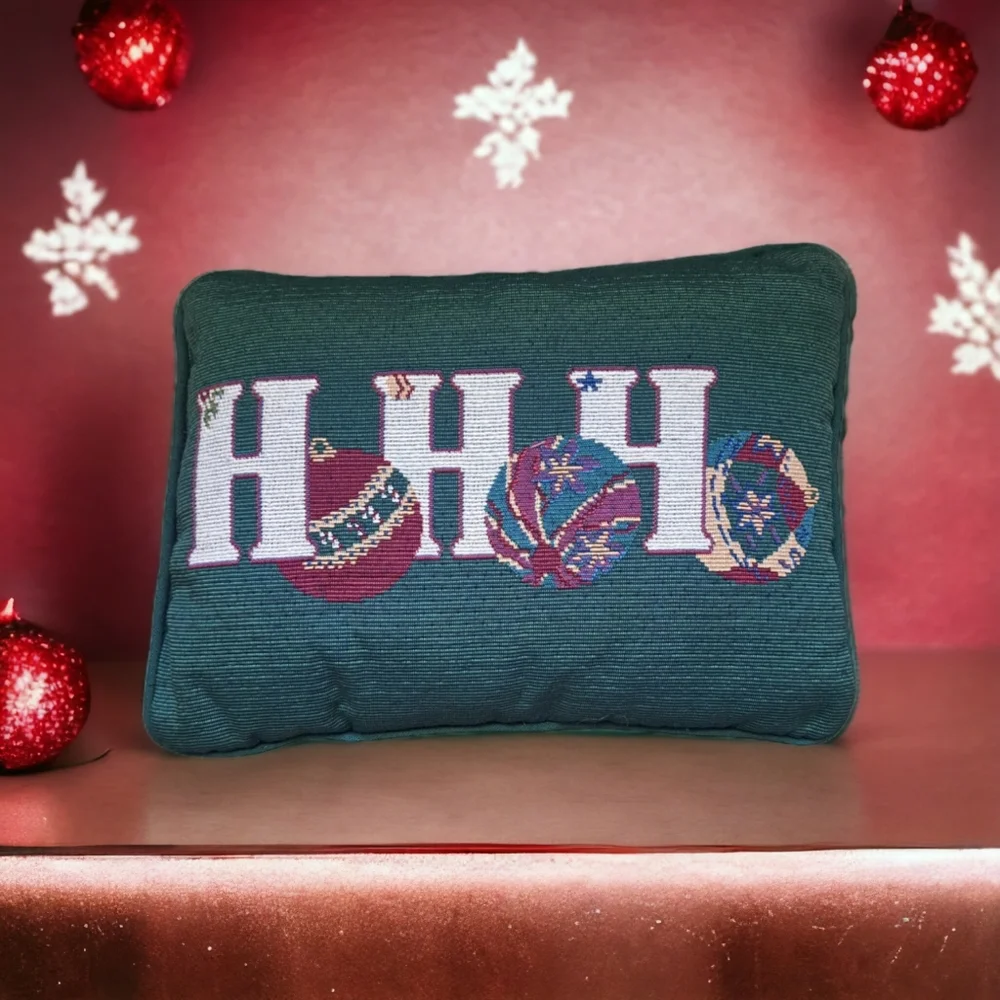 Ho Ho Ho Tapestry Christmas Pillow Green White w/Bulbs 11x8.5
